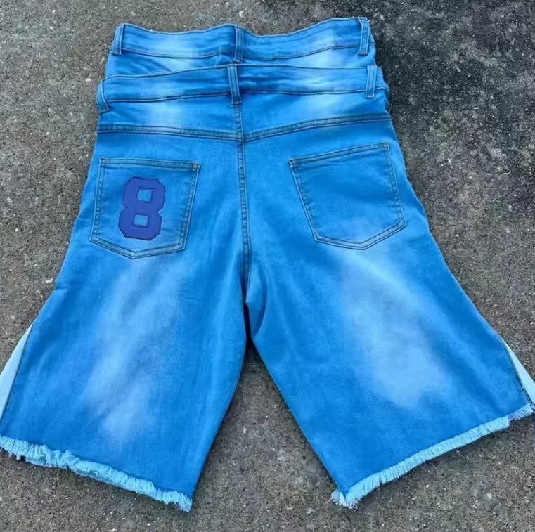 Prilagođene muške traper traper kratke hlače Vintage Acid Wash široke kratke hlače s dvostrukim strukom Izvezene lepršave poderane kratke hlače