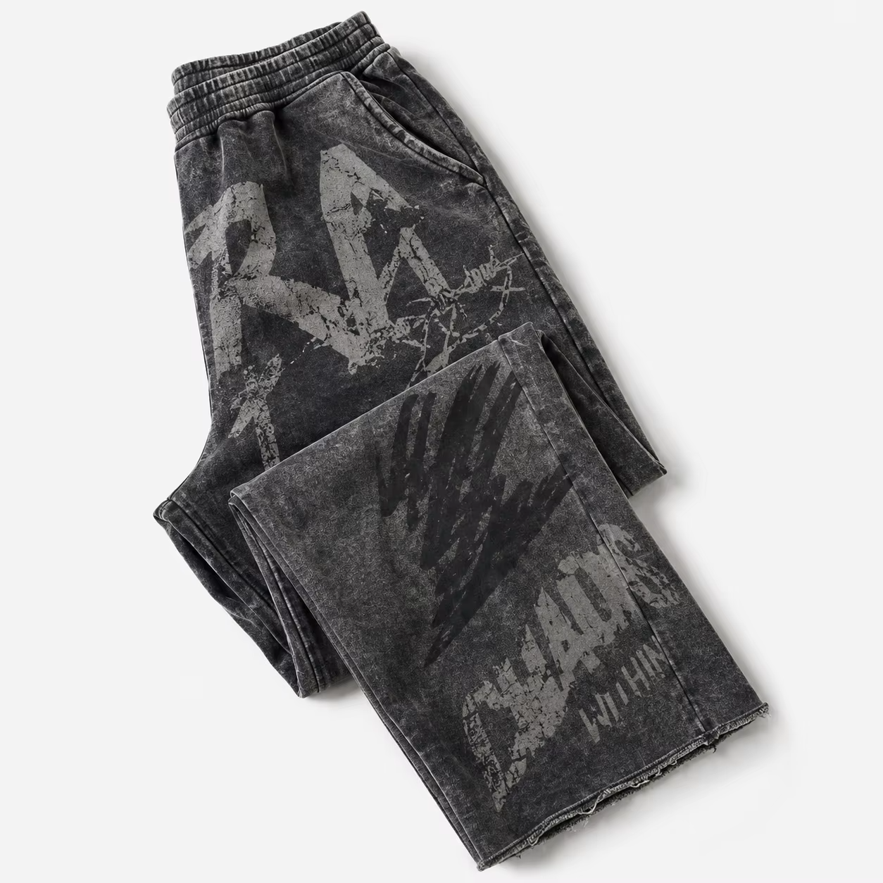 Custom Acid Washed Screen Print Grafik Streetwear Sweatpants Kraftig Elastisk Talje Distressed Hem Baggy Sweatpants Unisex