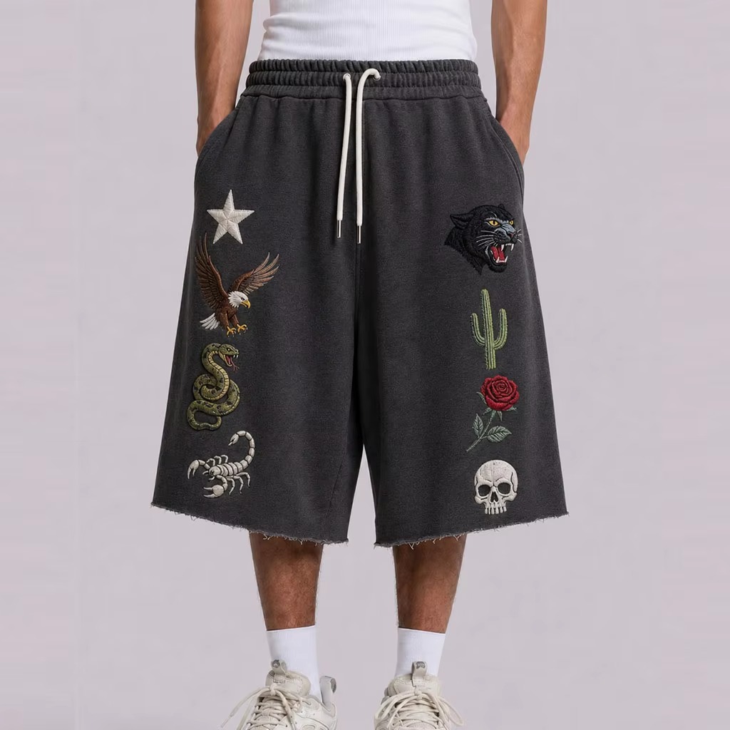 Cal&ccedil;a de moletom folgada com bordado 3d, estampa personalizada, masculina, design personalizado, bainha crua, cord&atilde;o de algod&atilde;o 3/4