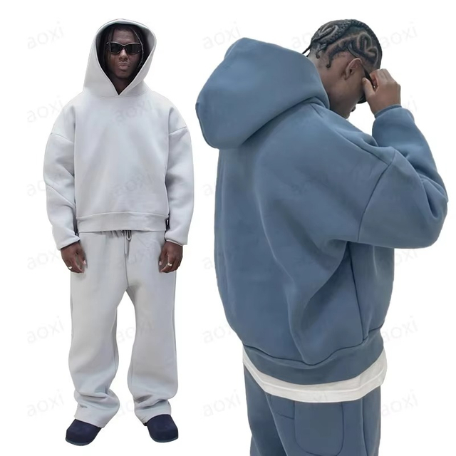 شعار مخصص الوزن الثقيل قلنسوة من القطن طقم رياضي 500gsm سميكة الفرنسية تيري Sweatpants فضفاضة تناسب عداء ببطء مجموعات بدل رياضية للرجال