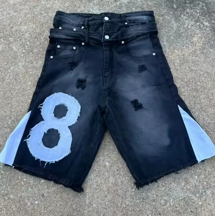 T&ugrave;y Chỉnh Nam Denim Quần Short Jean Vintage Axit Rửa Đ&ocirc;i Eo Baggy Jorts Th&ecirc;u Loe Đau Khổ R&aacute;ch Quần Short