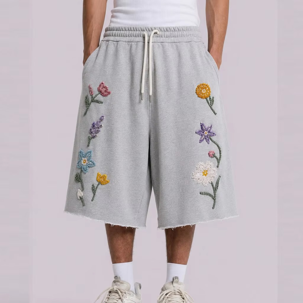 Cal&ccedil;a de moletom folgada com bordado 3d, estampa personalizada, masculina, design personalizado, bainha crua, cord&atilde;o de algod&atilde;o 3/4