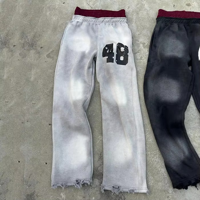 โลโก้การพิมพ์แบบกำหนดเอง Distressed Double Waisted Acid Wash Flared Sweat Pants Men Sun Faded Washed Baggy Sweatpants