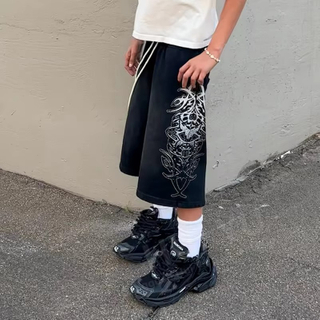 사용자 정의 빈티지 streetwear DTG 인쇄 남자 헤비급 100% 코 튼 중반 허리 더블 허리 헐렁한 sunfaded 넓은 다리 반바지